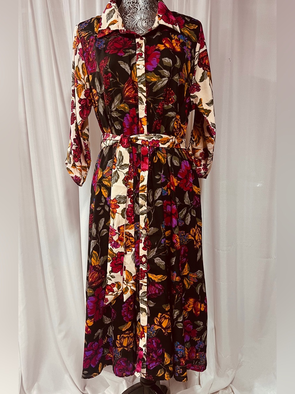 Harlow & Rose Floral Button-Front Maxi Dress in Black and Cream